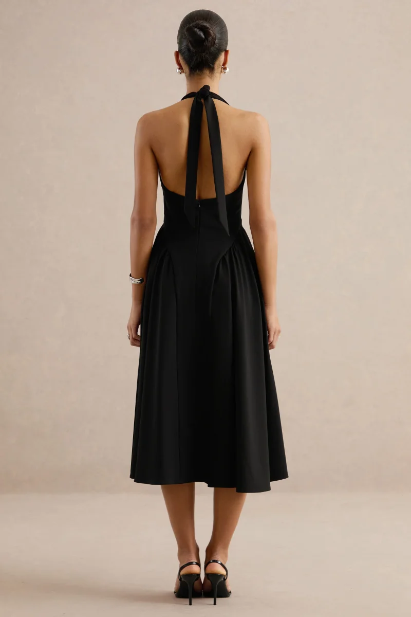 Mirel | Vestido midi en negro con cuello halter - Imagen 3
