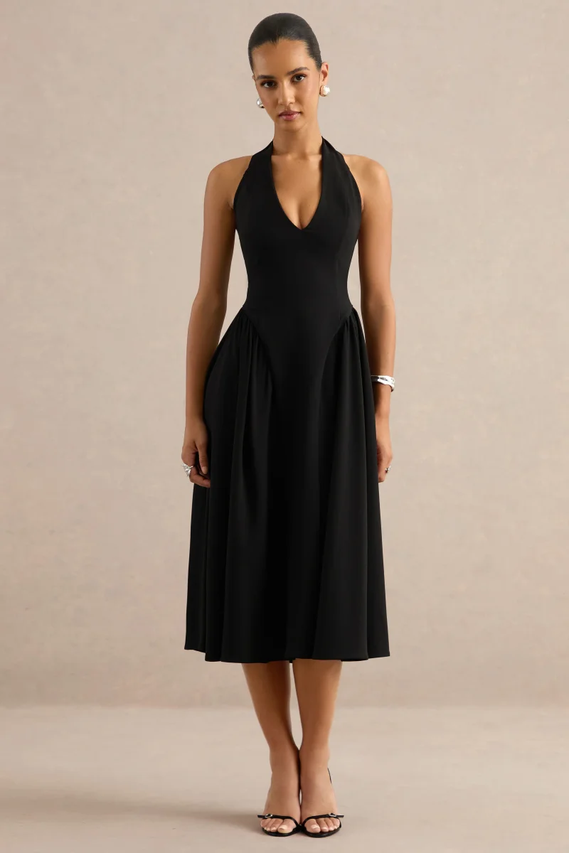 Mirel | Vestido midi en negro con cuello halter - Imagen 6