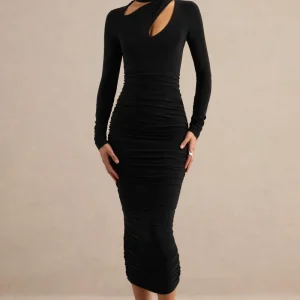 Fiorina | Vestido Midi Negro De Cuello Alto Con Aberturas En El Pecho