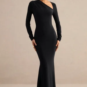 Florabella | Vestido Largo Negro De Manga Larga Con Escote Asimétrico