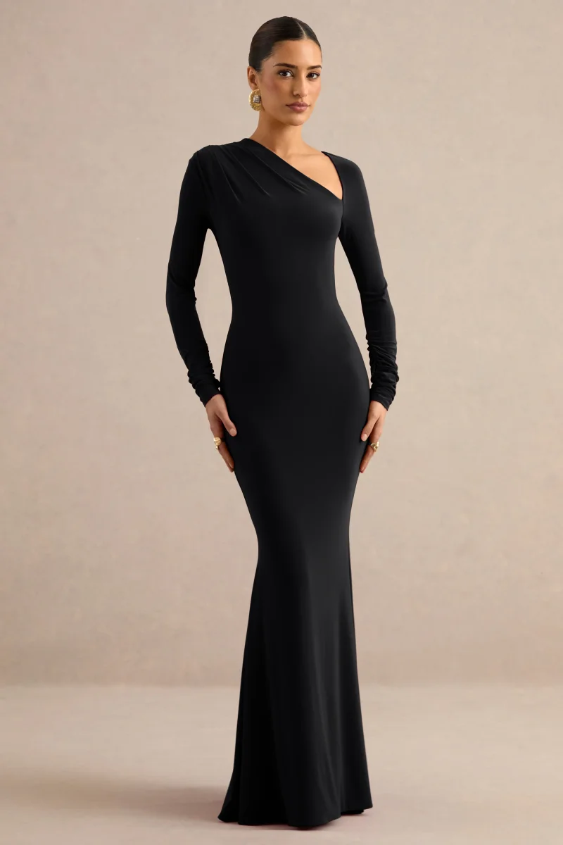 Florabella | Vestido Largo Negro De Manga Larga Con Escote Asimétrico
