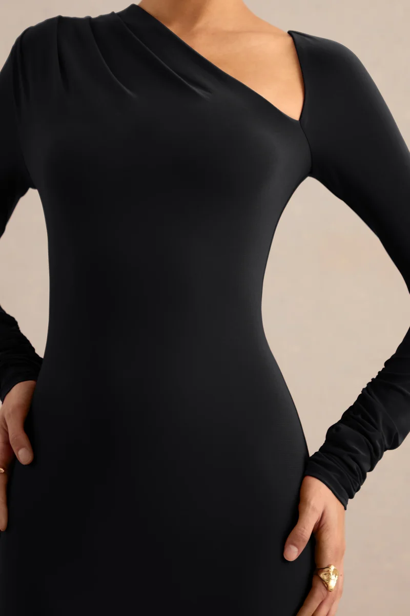 Florabella | Vestido Largo Negro De Manga Larga Con Escote Asimétrico - Imagen 7