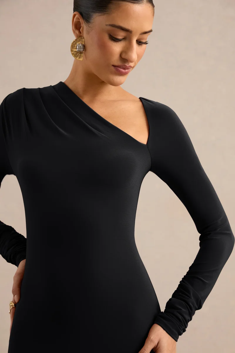 Florabella | Vestido Largo Negro De Manga Larga Con Escote Asimétrico - Imagen 5
