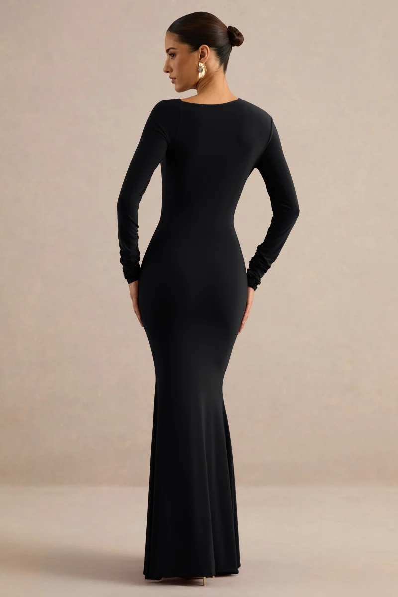 Florabella | Vestido Largo Negro De Manga Larga Con Escote Asimétrico - Imagen 3