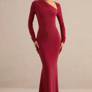 Florabella | Vestido Largo Rojo De Manga Larga Con Escote Asimétrico