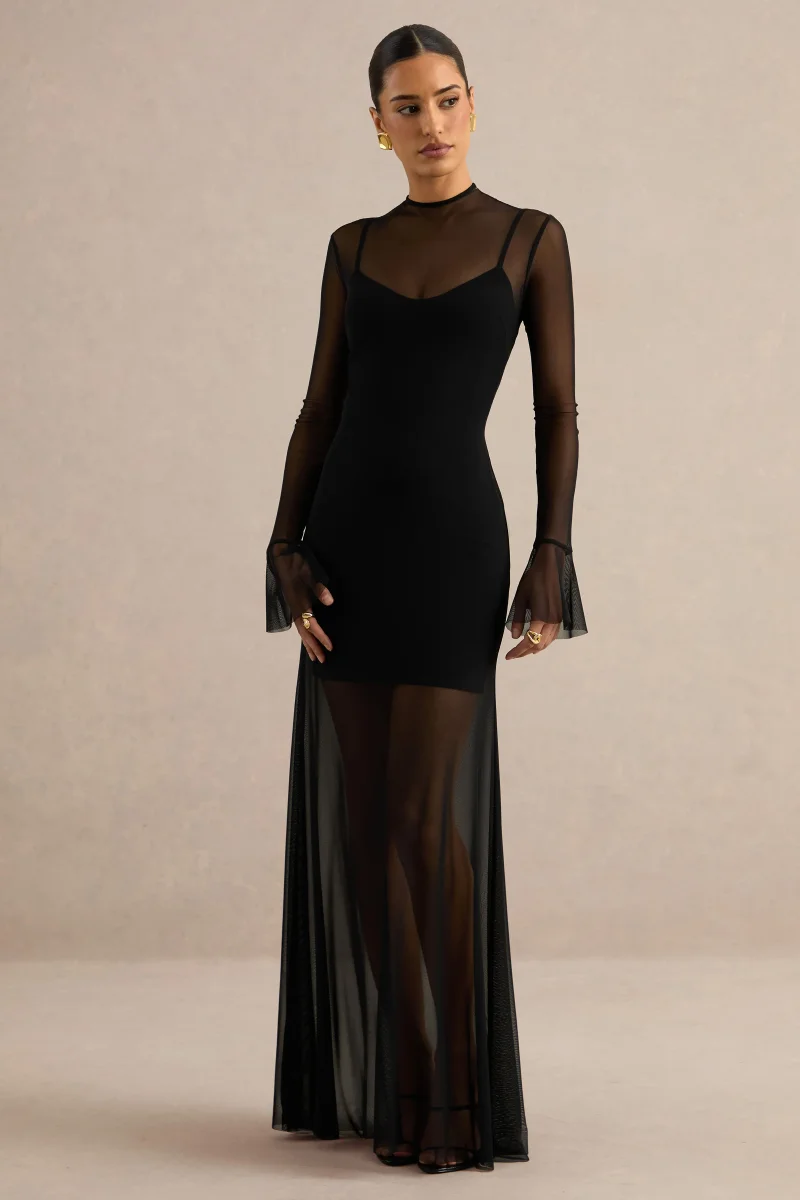 Florisa | Vestido Largo Negro De Malla Con Cuello Redondo - Imagen 4