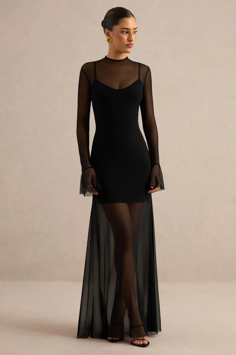 Florisa | Vestido Largo Negro De Malla Con Cuello Redondo - Imagen 5