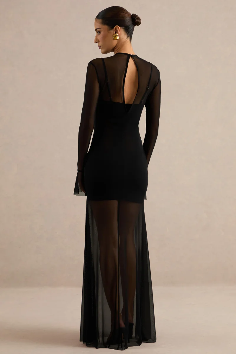 Florisa | Vestido Largo Negro De Malla Con Cuello Redondo - Imagen 3