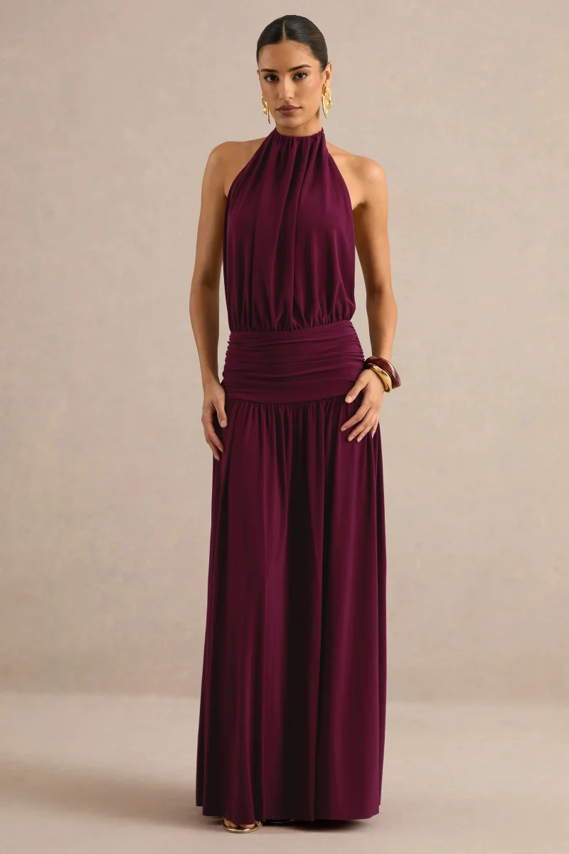 Hilarie | Vestido Largo Burdeos De Cuello Halter - Imagen 2