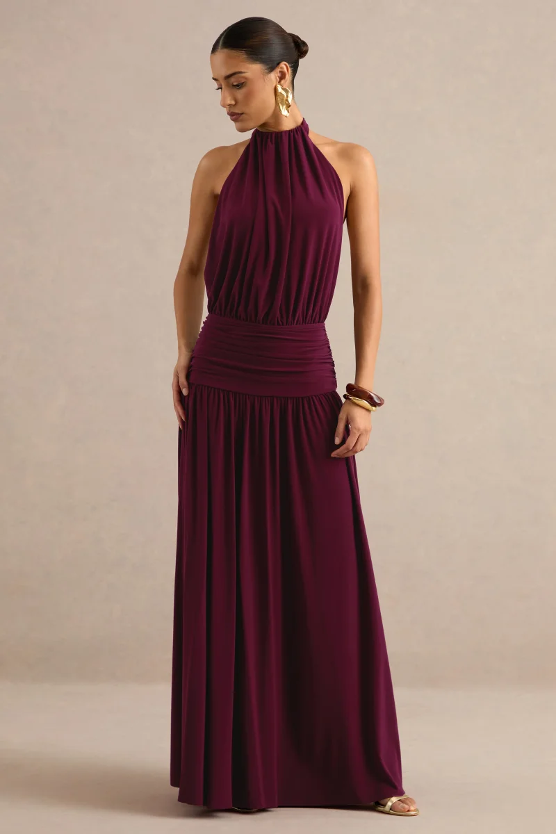 Hilarie | Vestido Largo Burdeos De Cuello Halter - Imagen 6