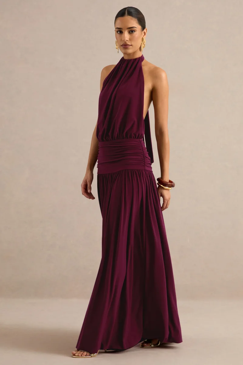 Hilarie | Vestido Largo Burdeos De Cuello Halter - Imagen 4