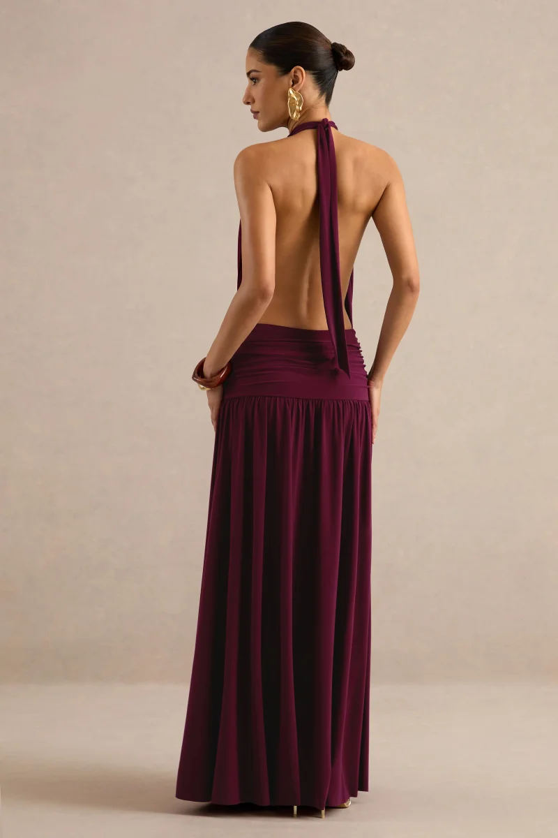 Hilarie | Vestido Largo Burdeos De Cuello Halter - Imagen 3
