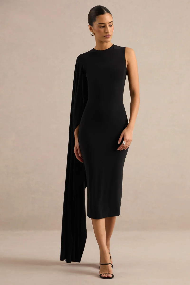 Ilarie | Vestido Midi Negro De Cuello Redondo Con Manga Capa - Imagen 6