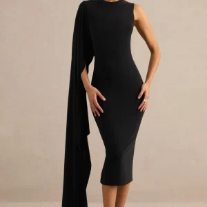 Ilarie | Vestido Midi Negro De Cuello Redondo Con Manga Capa