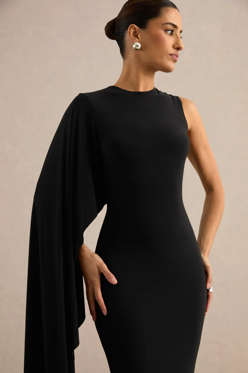 Ilarie | Vestido Midi Negro De Cuello Redondo Con Manga Capa - Imagen 5