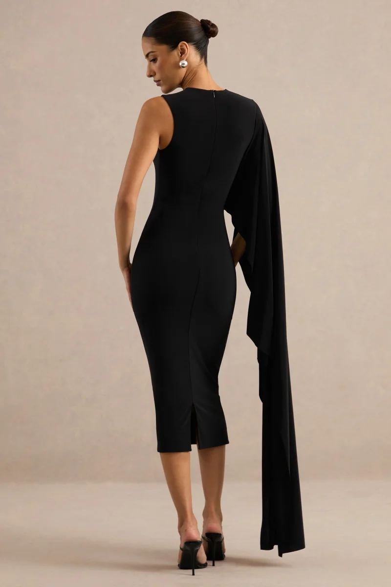 Ilarie | Vestido Midi Negro De Cuello Redondo Con Manga Capa - Imagen 3