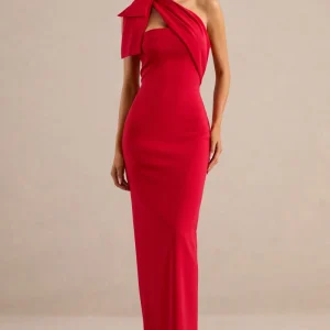 Adara | Vestido largo rojo con escote asimétrico y detalle de lazo