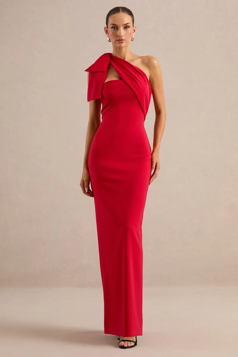 Adara | Vestido largo rojo con escote asimétrico y detalle de lazo