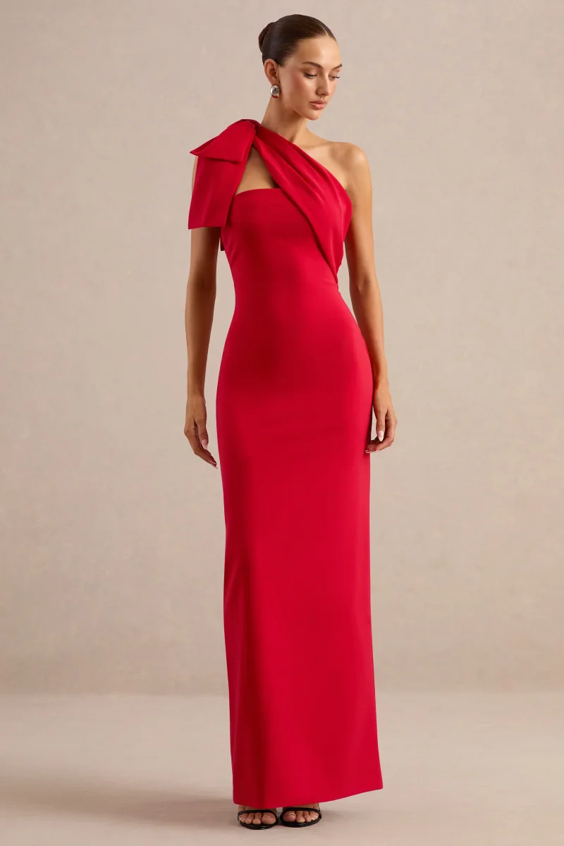Adara | Vestido largo rojo con escote asimétrico y detalle de lazo - Imagen 4