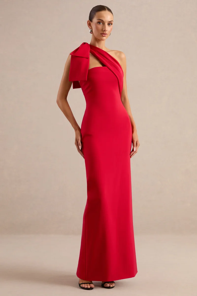 Adara | Vestido largo rojo con escote asimétrico y detalle de lazo - Imagen 6