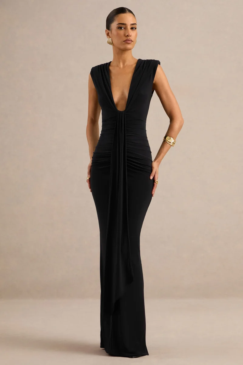 Eleanor | Vestido maxi en negro con escote en V pronunciado y detalle drapeado - Imagen 7