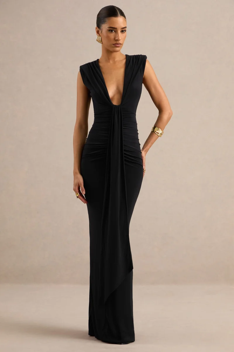 Eleanor | Vestido maxi en negro con escote en V pronunciado y detalle drapeado - Imagen 4