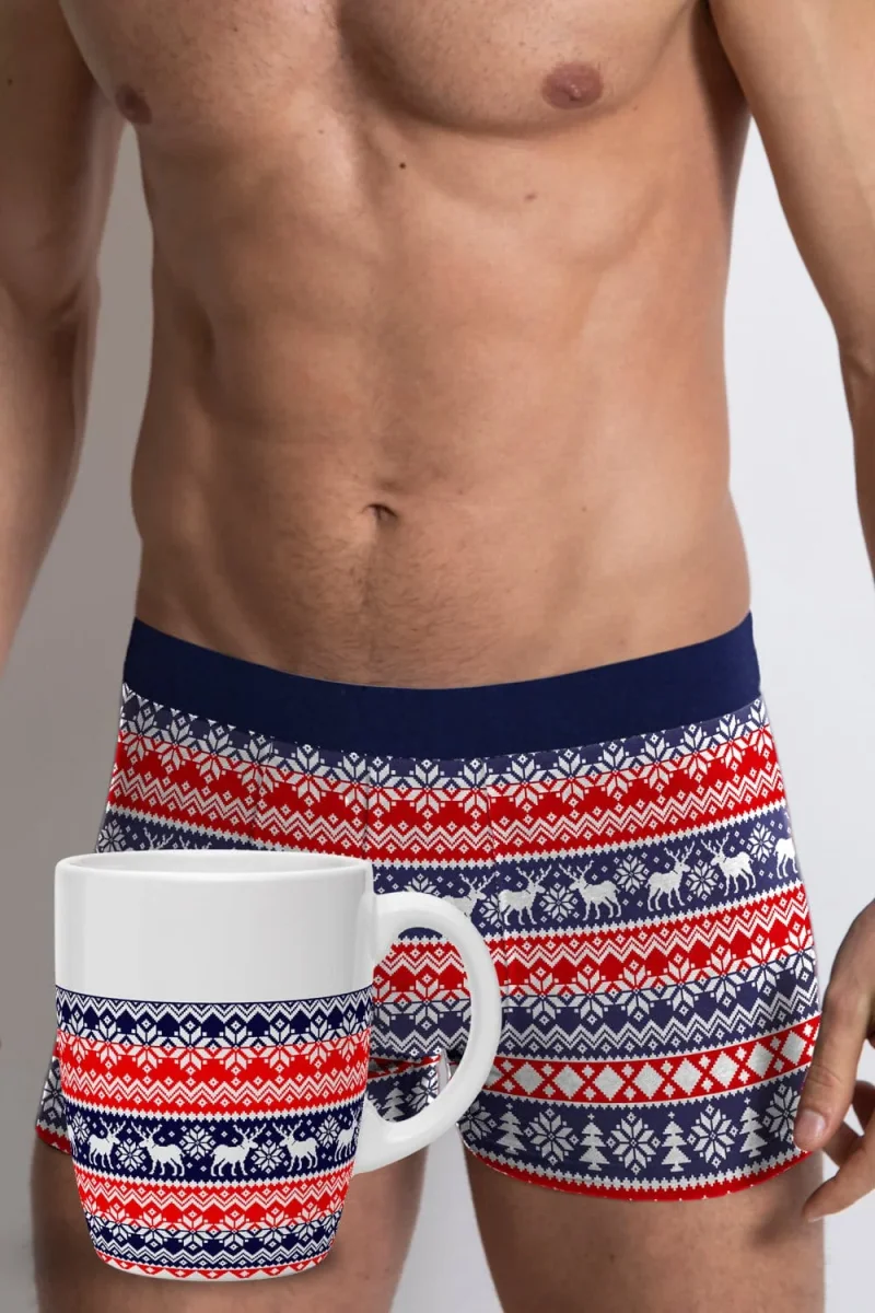 Calzoncillo Boxer Navideño Hombre Cenefa Renos + Taza a Juego