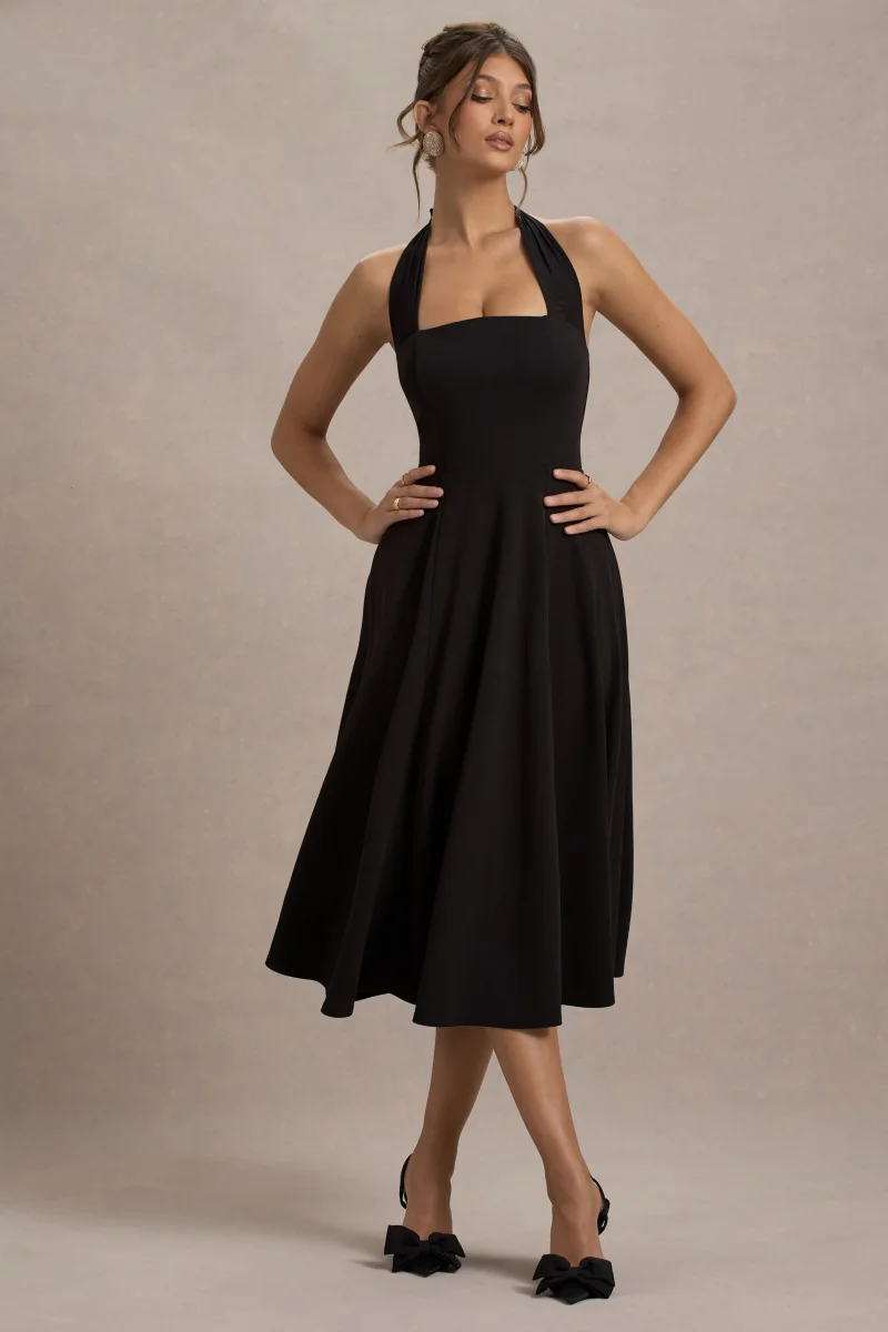 Auburn | Vestido Midi Negro con falda voluminosa y atado al cuello - Imagen 6