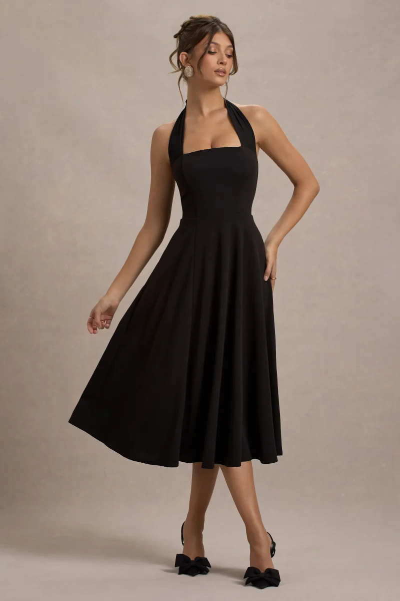 Auburn | Vestido Midi Negro con falda voluminosa y atado al cuello - Imagen 8