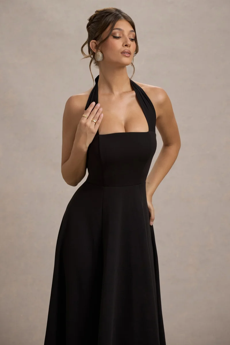 Auburn | Vestido Midi Negro con falda voluminosa y atado al cuello - Imagen 4