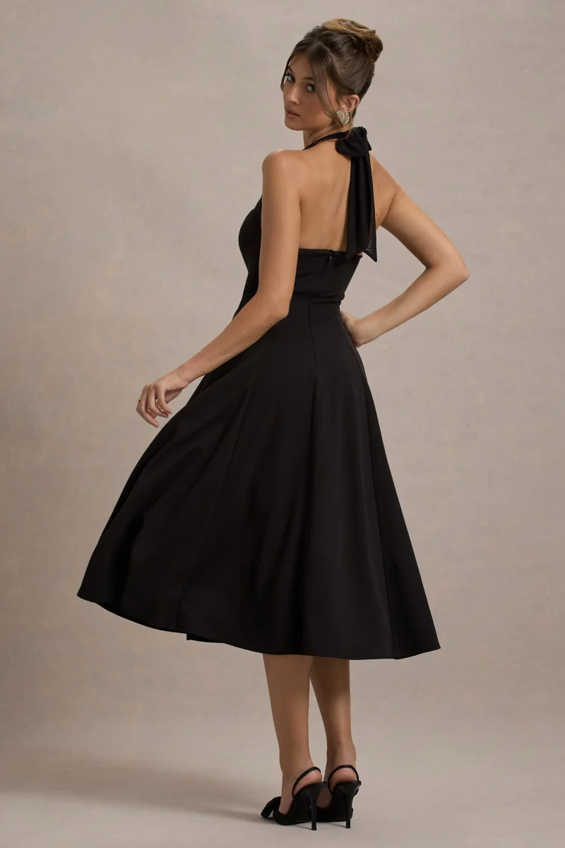 Auburn | Vestido Midi Negro con falda voluminosa y atado al cuello - Imagen 3