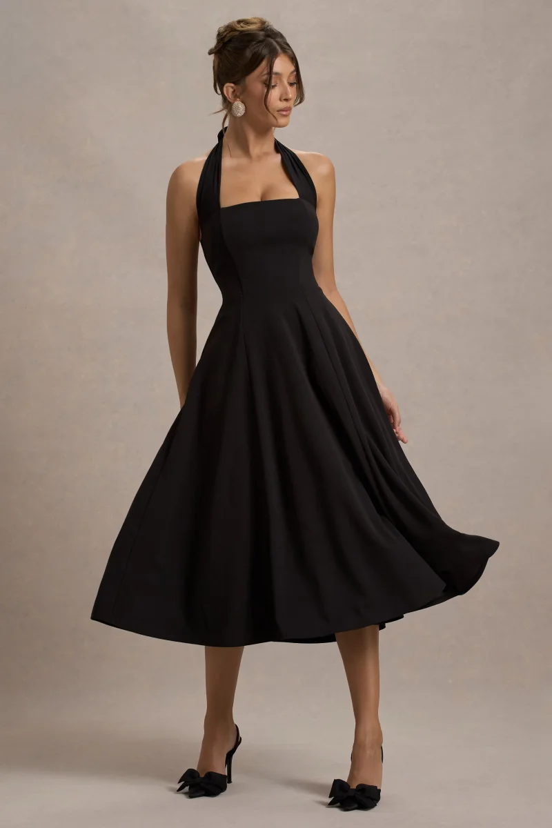 Auburn | Vestido Midi Negro con falda voluminosa y atado al cuello - Imagen 7