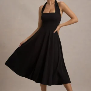 Auburn | Vestido Midi Negro con falda voluminosa y atado al cuello