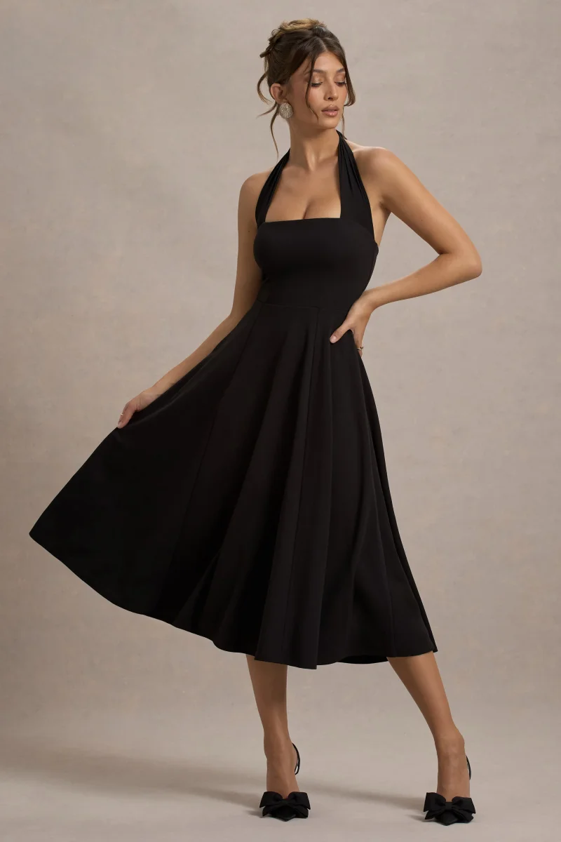 Auburn | Vestido Midi Negro con falda voluminosa y atado al cuello - Imagen 2