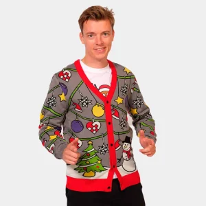 Jersey de Navidad Cárdigan para Hombre Árbol y Muñeco de Nieve
