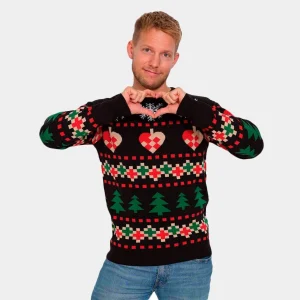 Jersey de Navidad para Hombre Negro con Nieve, Corazones y Árboles