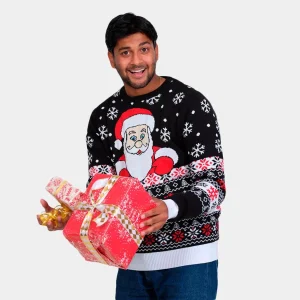 Jersey de Navidad para Hombre Negro con Papá Noel y Nieve
