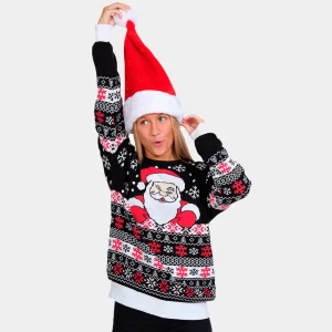 Jersey de Navidad para Mujer Negro con Papá Noel y Nieve