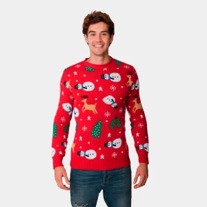 Jersey Navideño para Hombre Rojo con Muñecos, Renos y Árboles