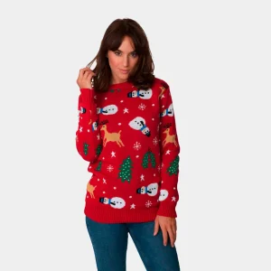 Jersey Navideño para Mujer Rojo con Muñecos, Renos y Árboles