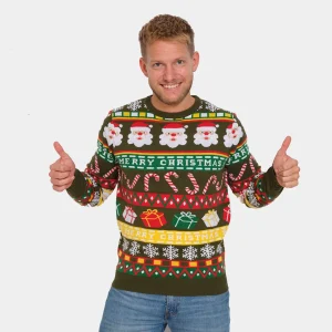 Jersey de Navidad para Hombre Verde con Santa y Regalos