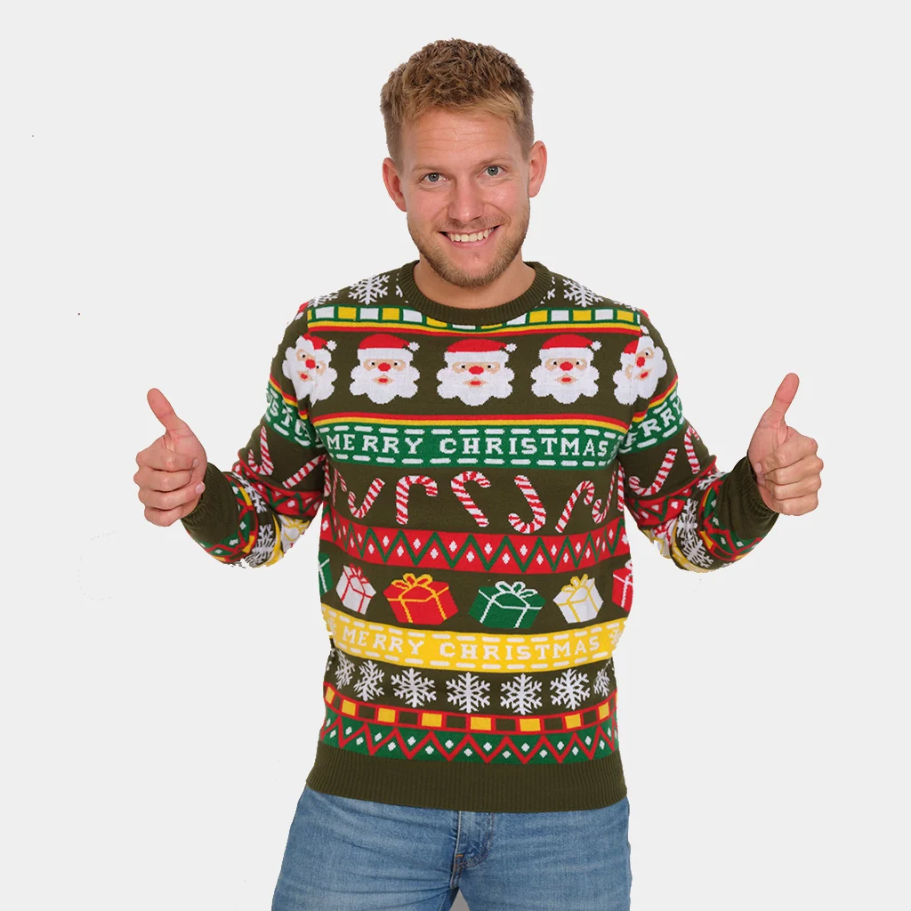 Jersey de Navidad para Hombre Verde con Santa y Regalos