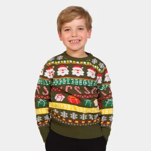 Jersey de Navidad para Niña y Niño Verde con Santa y Regalos