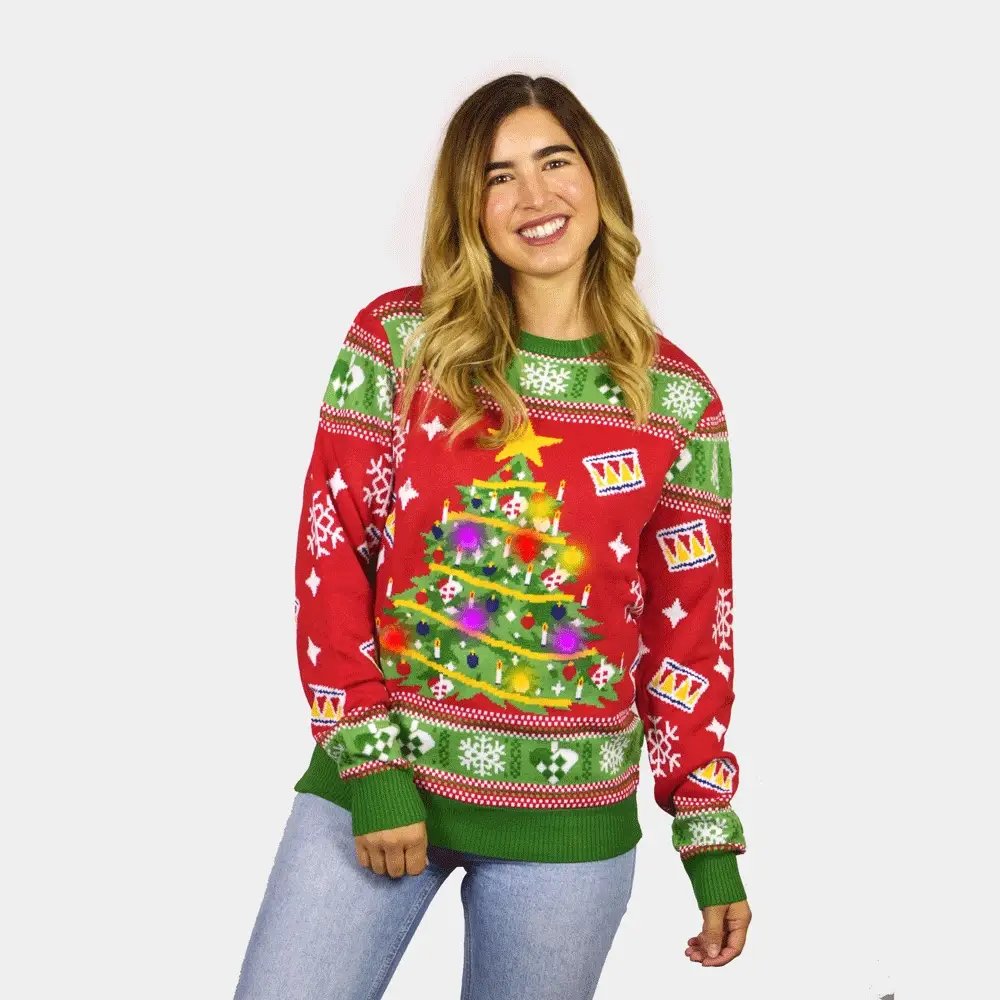 Jersey de Navidad con Luces LED Parejas Rojo con Árbol Navidad
