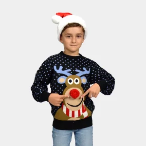 Jersey de Navidad para Niña y Niño Azul Reno Rodolfo con Nariz Roja en 3D