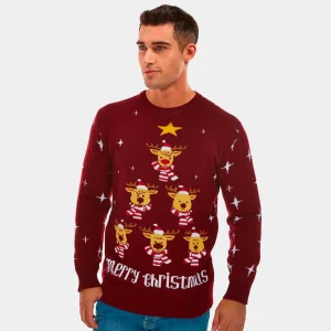 Jersey de Navidad de Hombre Granate Renos Árbol de Navidad y Estrella