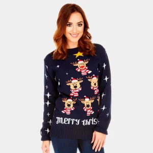 Jersey de Navidad Azul Renos Parejas Árbol de Navidad y Estrella