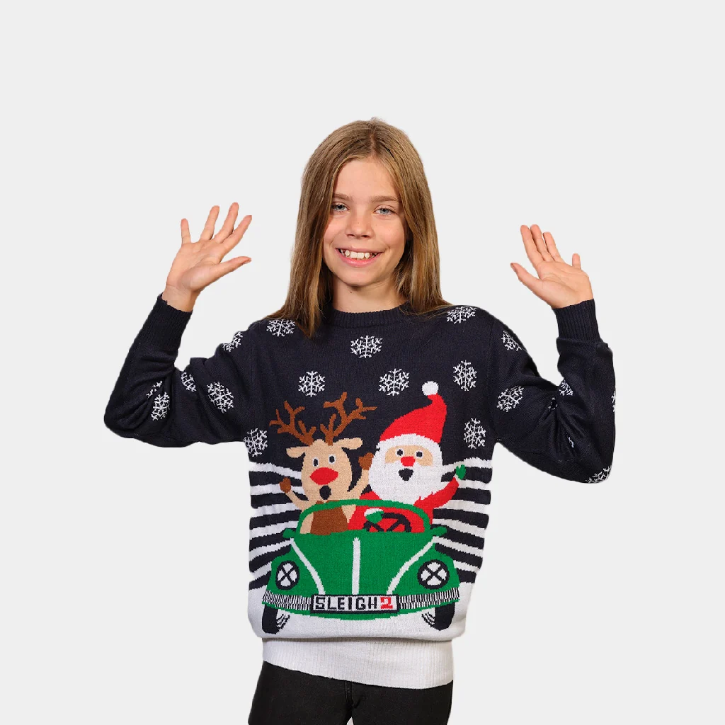 Jersey de Navidad para Niña y Niño Reno y Papá Noel conduciendo