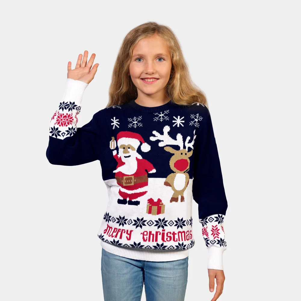 Jersey de Navidad Niña y Niño Azul Papá Noel y Reno Rudolph - Imagen 3