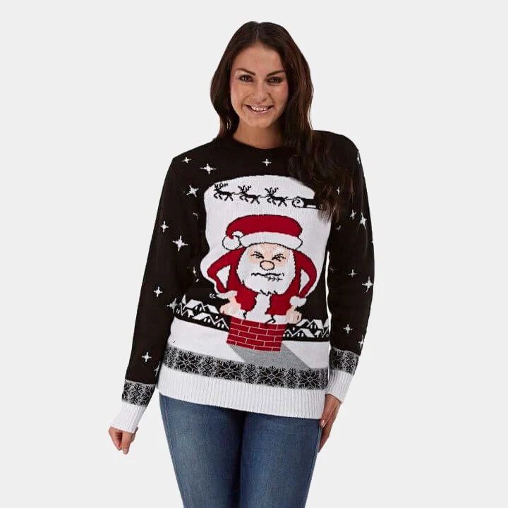 Jersey de Navidad para Mujer Papá Noel atascado en la Chimenea